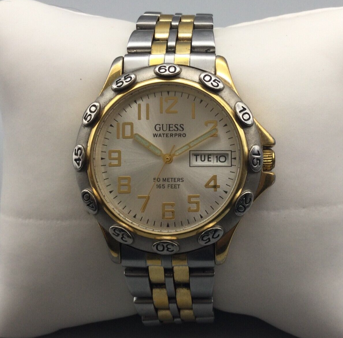 Vtg Guess Waterpro Watch Men Gold Silver Tone Day Date Round New