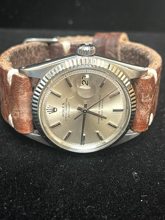 1963 Rolex Datejust 1601 Silver Dial Aftermarket Brown Strap No