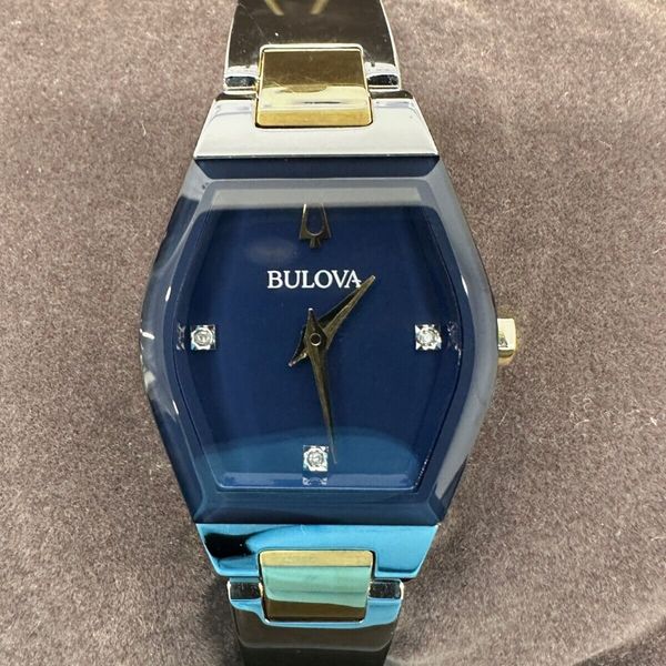 Bulova Gemini Diamonds Quartz Blue Dial Steel Ladies Bangle Watch ...
