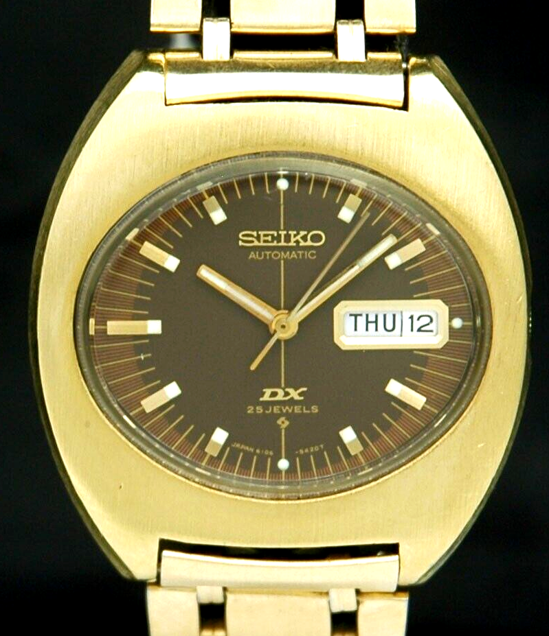 1970s SEIKO DX Automatic 25 Jewel Mens WATCH GOLD Oval Brown Dial