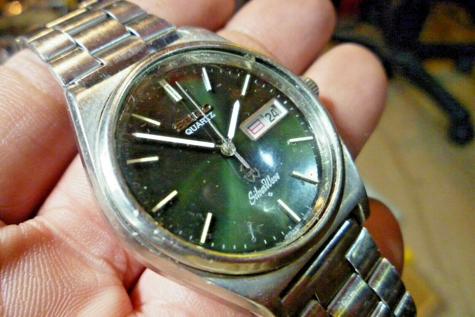 Mens 36mm Green SEIKO SILVER WAVE 8229-8000 4j Quartz SS 7 3/4 
