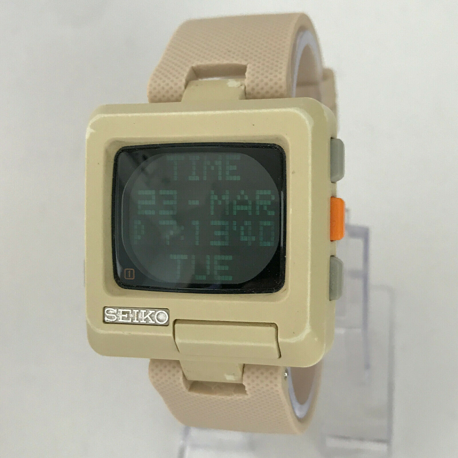 Vintage SEIKO TIMETRON Watch digital square dot matrix Japan beige