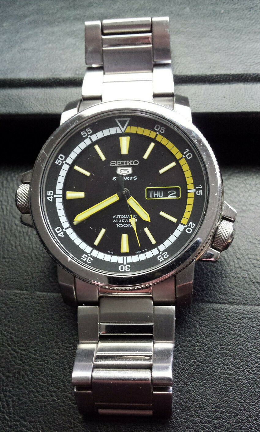 Seiko 5 Sports automatic SNZJ61K1 yellow inner rotating bezel deployment clasp WatchCharts Marketplace