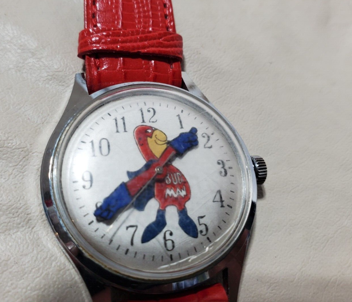 VINTAGE BUDWEISER BUD MAN BUDMAN WATCH HELBROS WORKING WIND UP 