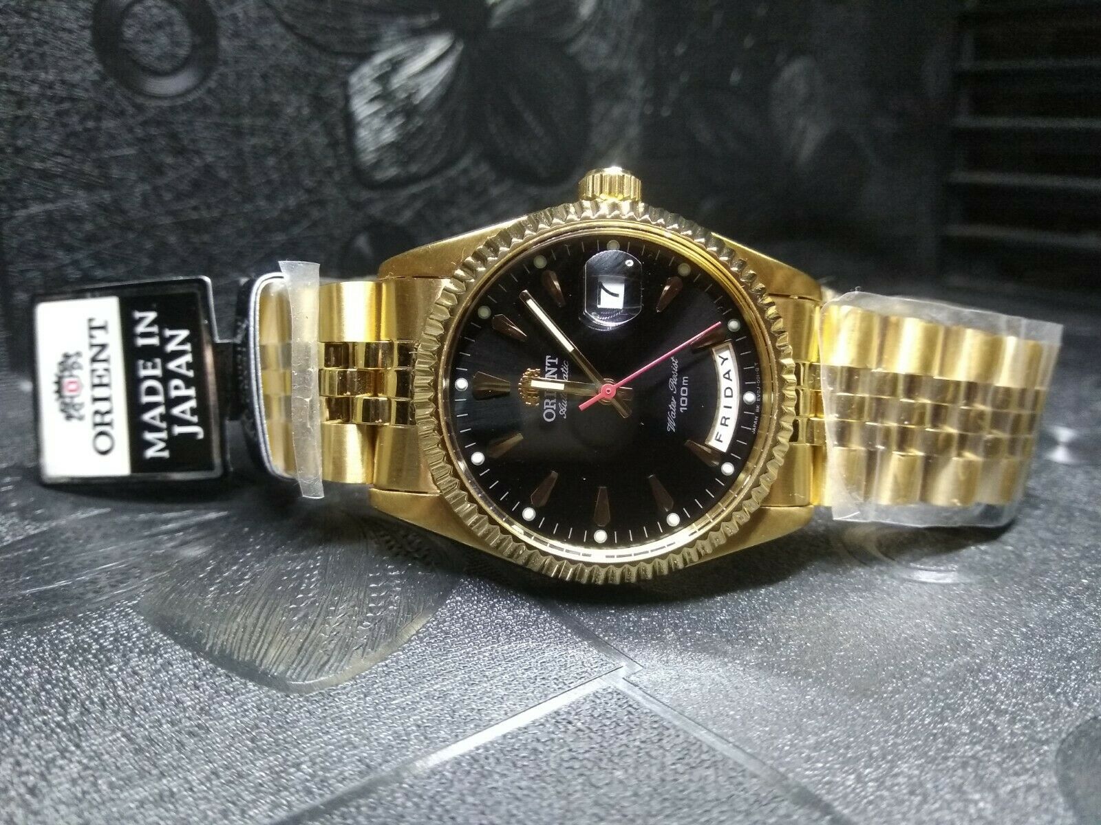 Orient President Day Date Gold Discon. Black Sunburst Dial + G