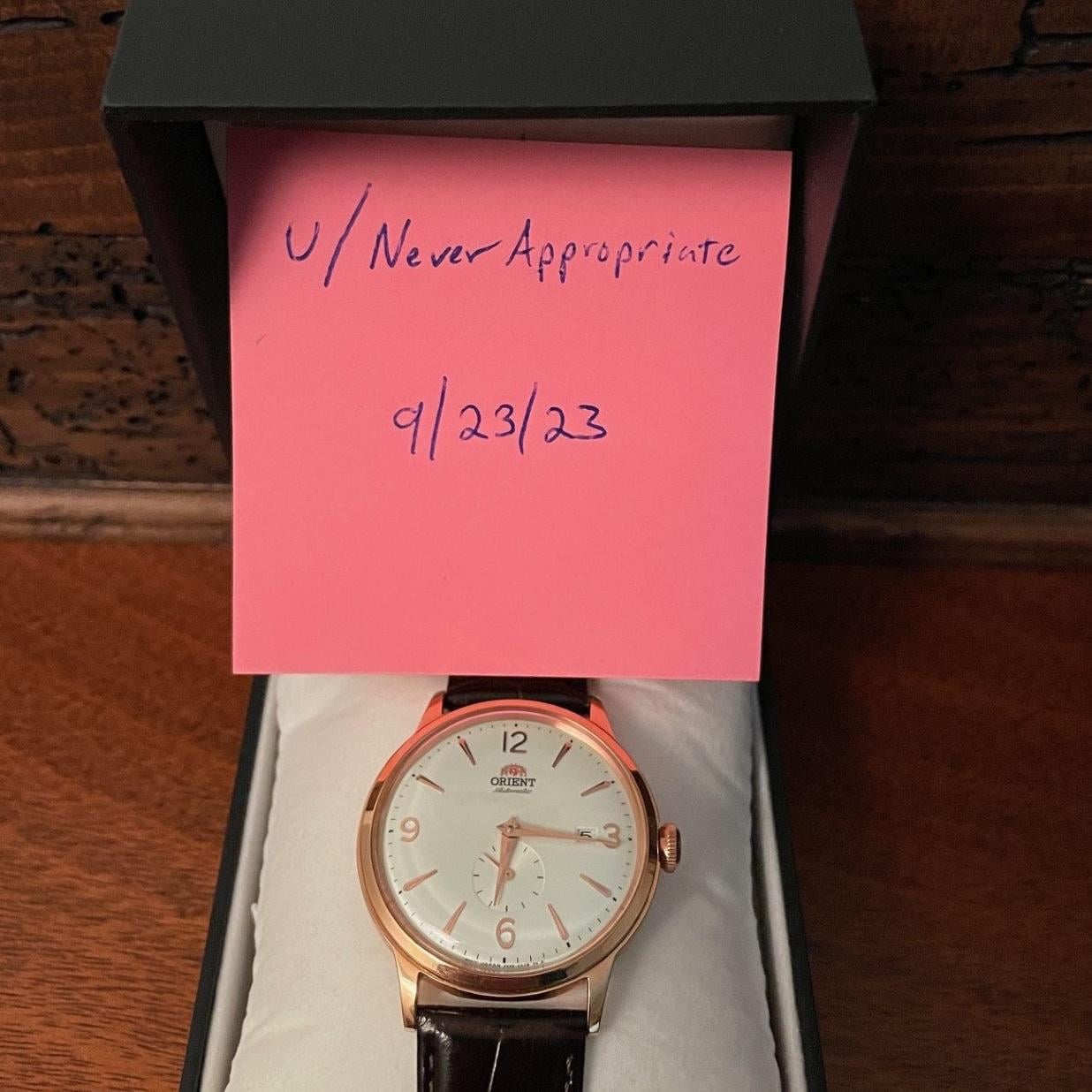 Orient bambino small outlet seconds rose gold