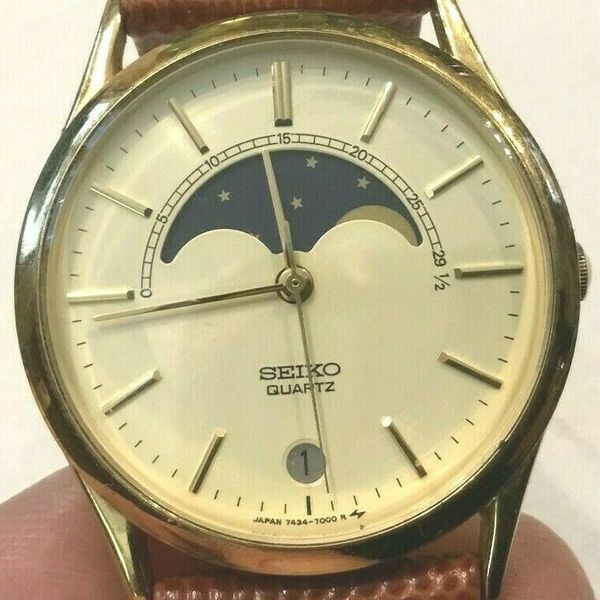 Rare Seiko Moon Phase Men's Watch-7434-7009 B2-Leather Hadley Roma Band  Works | WatchCharts