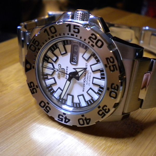 SOLD: Seiko SNZF45K1 'Mini-Monster' white face, automatic, SS bracelet | WatchCharts