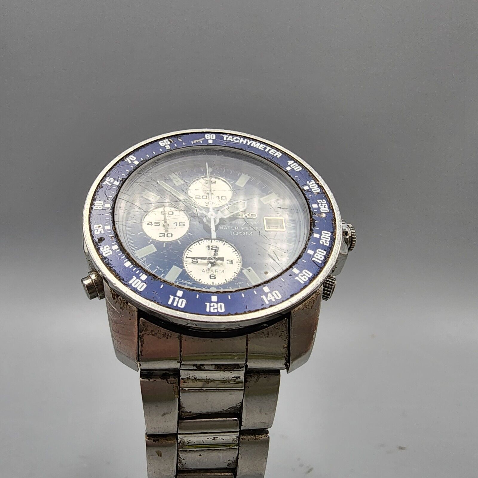 Seiko Chronograph Watch Men Silver Tone Blue Dial 100M Alarm