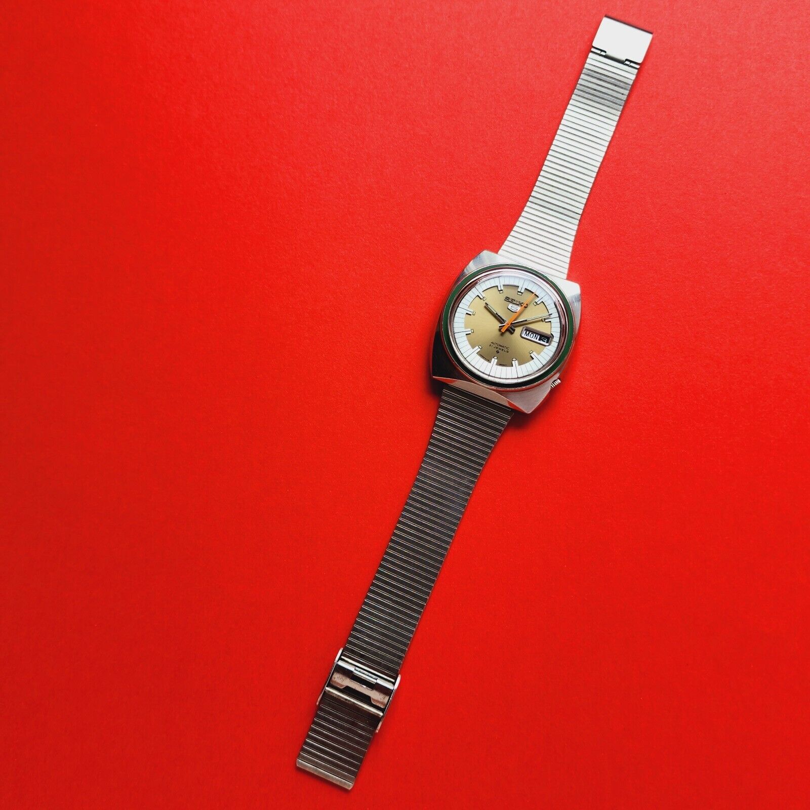 Seiko Automatic Watch 1971 Rare Gold & Green Stainless Steel 6119