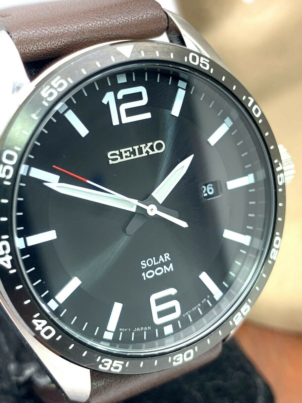 Seiko Men s Watch SNE487 Solar Essentials Black Dial Date Brown