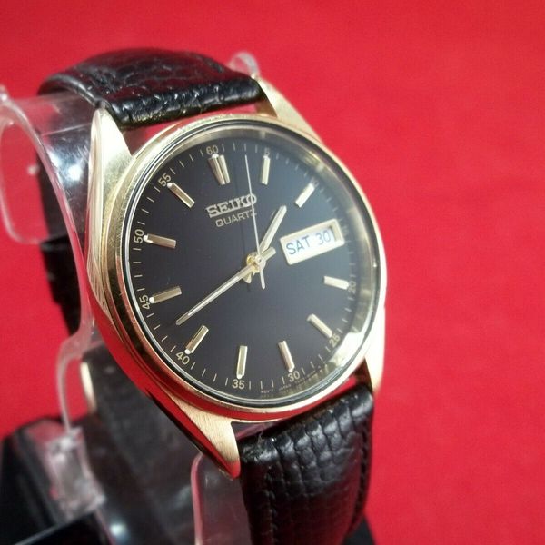 SEIKO 7N43-8128 CLASSIC VINTAGE DAY DATE BLACK DIAL ON GOLD CASE ...