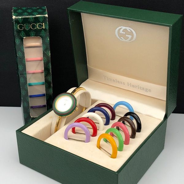 [NEAR MINT W/Extra 6 Bezels] Gucci Change Bezel 12 Colors Gold Watch ...