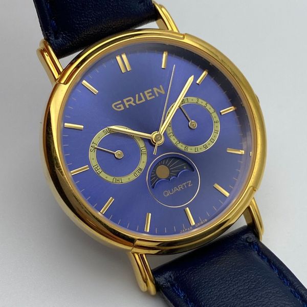 Gruen Gold Tone w/ Blue Gem-Style Cover Hidden Dial Cuff Bracelet Quartz Watch Gruen Gold Tone w/ Blue Gem-Style Cover Hidden Dial Cuff  main image 2
