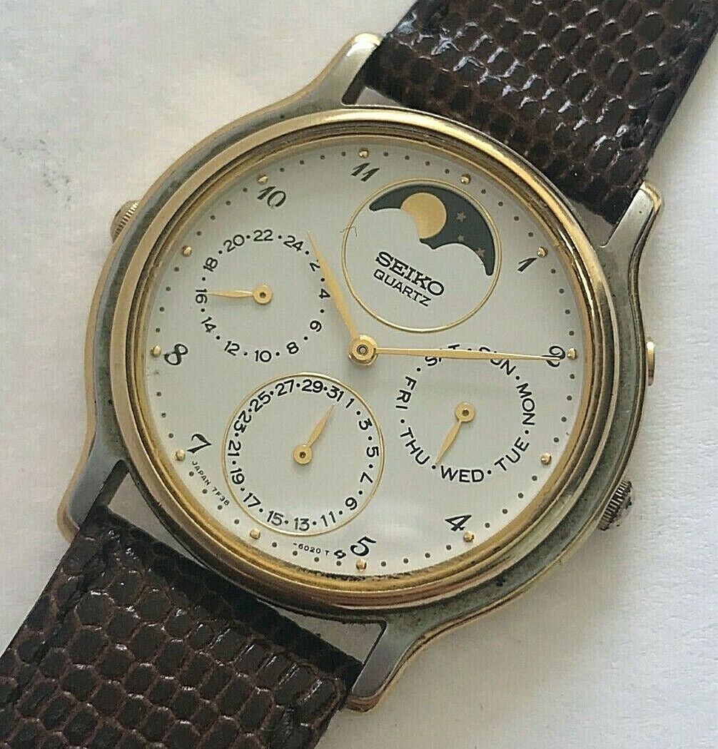 Vintage Seiko Perpetual Calendar Moonphase quartz mens watch, ref.# 7F38-6070  | WatchCharts