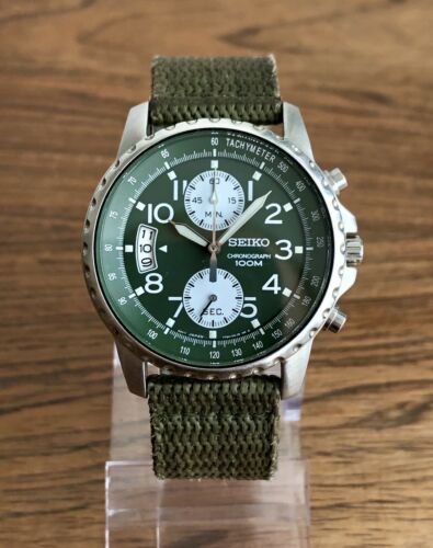 Seiko 7T94-0AH0 Men's Green Military Chrongraph Watch - New
