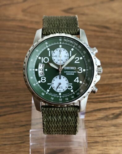 Seiko 7T94 0AH0 Men s Green Military Chrongraph Watch New