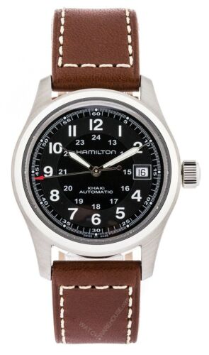 Hamilton H70455533 Automatic Khaki Field Black Dial Leather Strap Watch ...