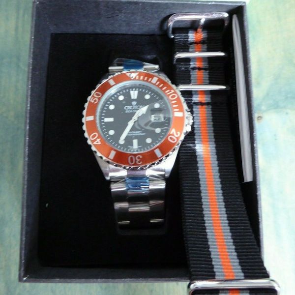 Croton Sea Diver Black Dial Orange Bezel 42 mm w SS Bracelet + Nylon RP