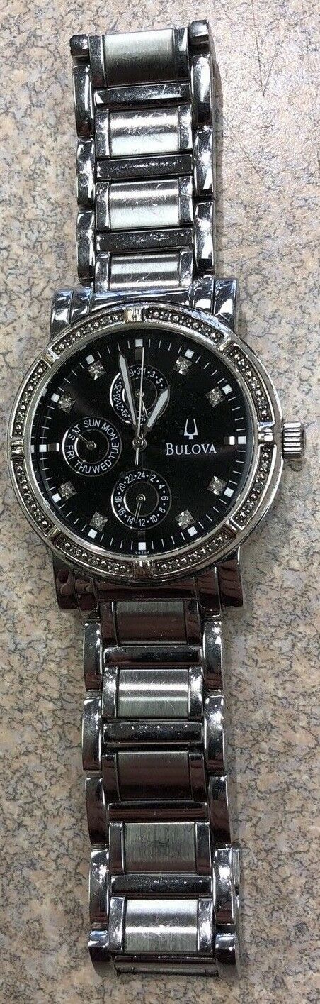 Bulova Men s 96E04 Quartz Diamond Accents Black Dial Silver Watch WatchCharts