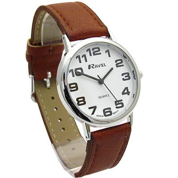 Ravel Mens SuperClear Easy Read Quartz Watch Brown Strap White Face