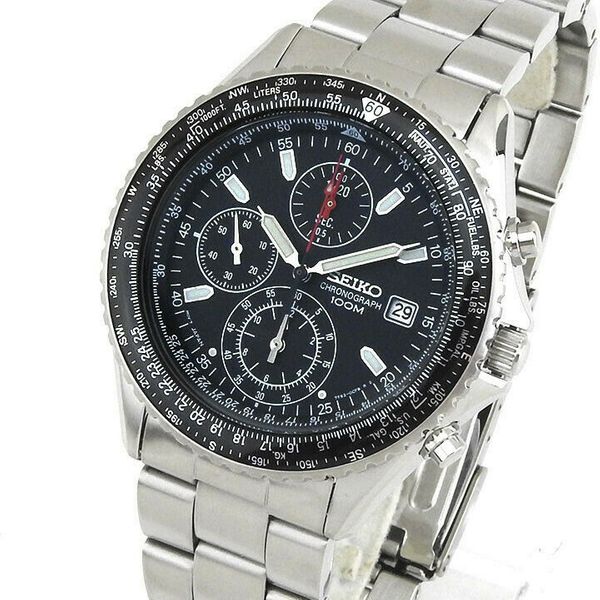 Seiko SND253 chronograph wrist watch, pilot's bezel, metal bracelet ...