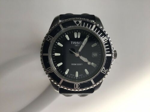 TISSOT Swiss Divers Watch E663 763M Date Black Dial Leather Strap