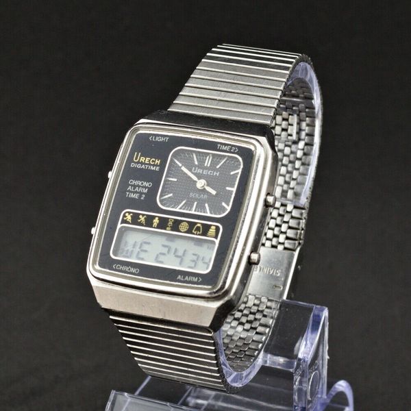 Vintage URECH Digatime Analog Digital Chrono Alarm 1980s steel watch ...