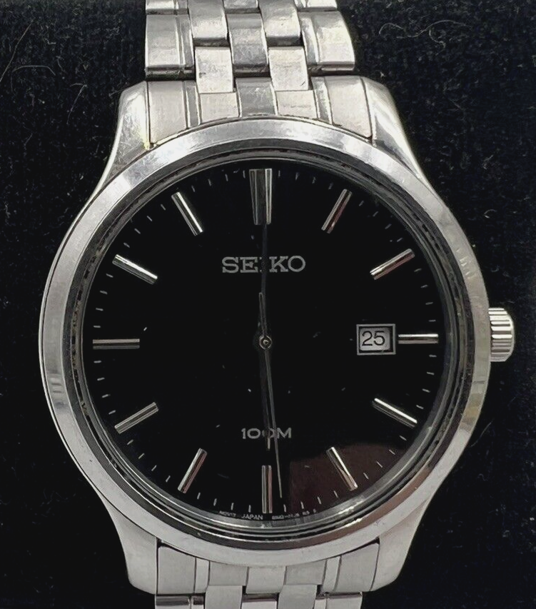 Seiko Quartz 100m Men s Stainless Steel Dress Watch Black Dial