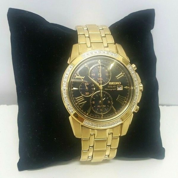 Mens Seiko Solar Powered Chronograph Gold Tone With Stone Watch V172 0av0 Watchcharts 8127