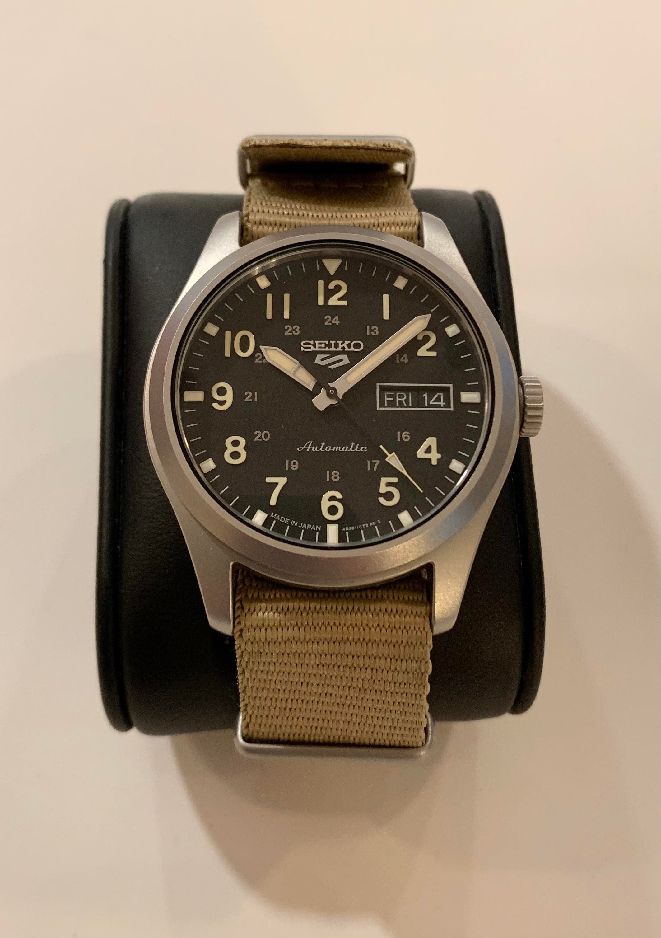 Montre Seiko 5 SRPG35 Automatique - Boîtier 39mm Acier, Bracelet Nylon Beige, 100m étanchéité