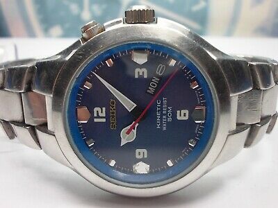 SEIKO KINETIC DAY DATE ALL STEEL MEN S WATCH 5M43 0E40 BLUE