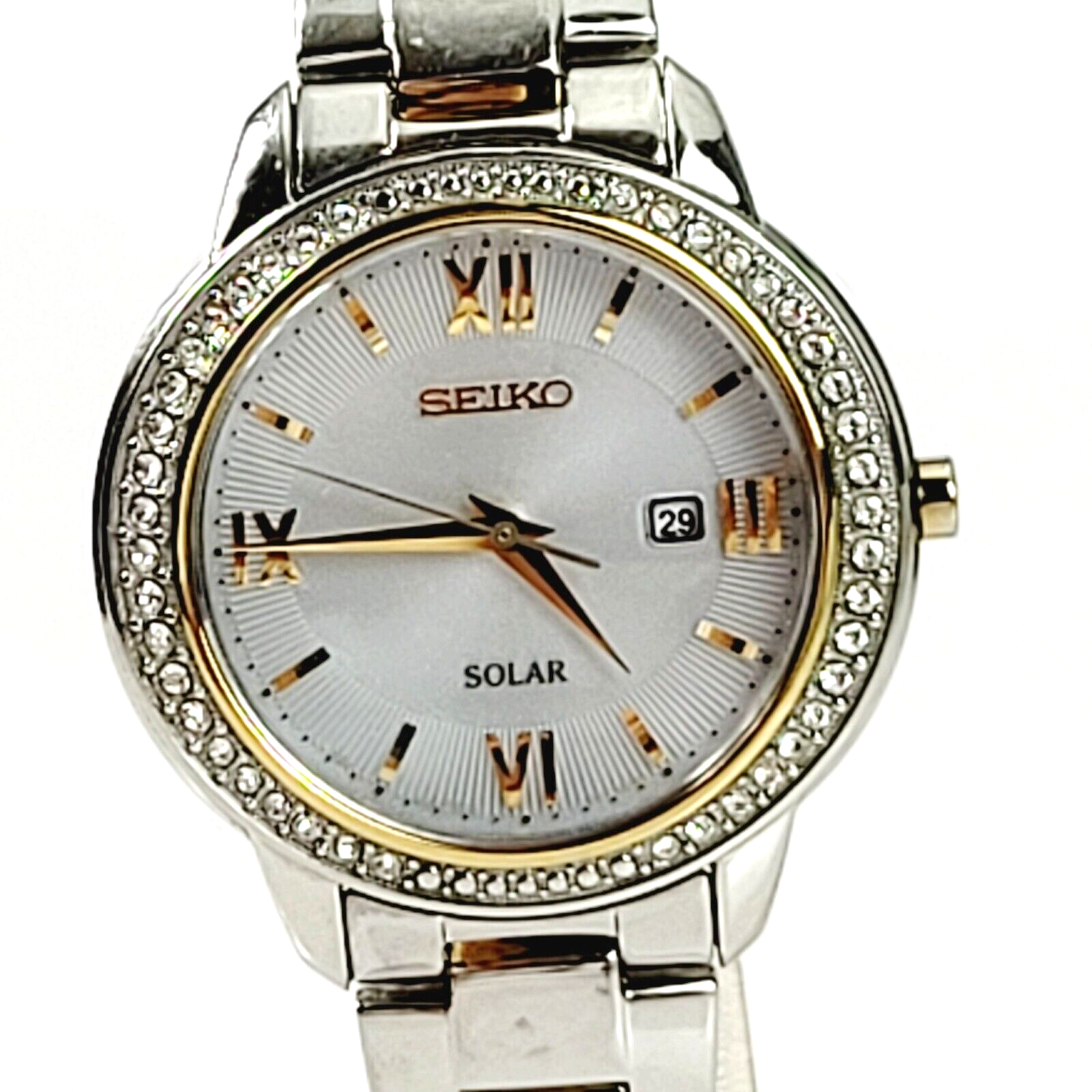 Seiko Solar V137-0AX0 Two Tone Women\'s Watch Date Hardlex Sunburst Dial 6.5\