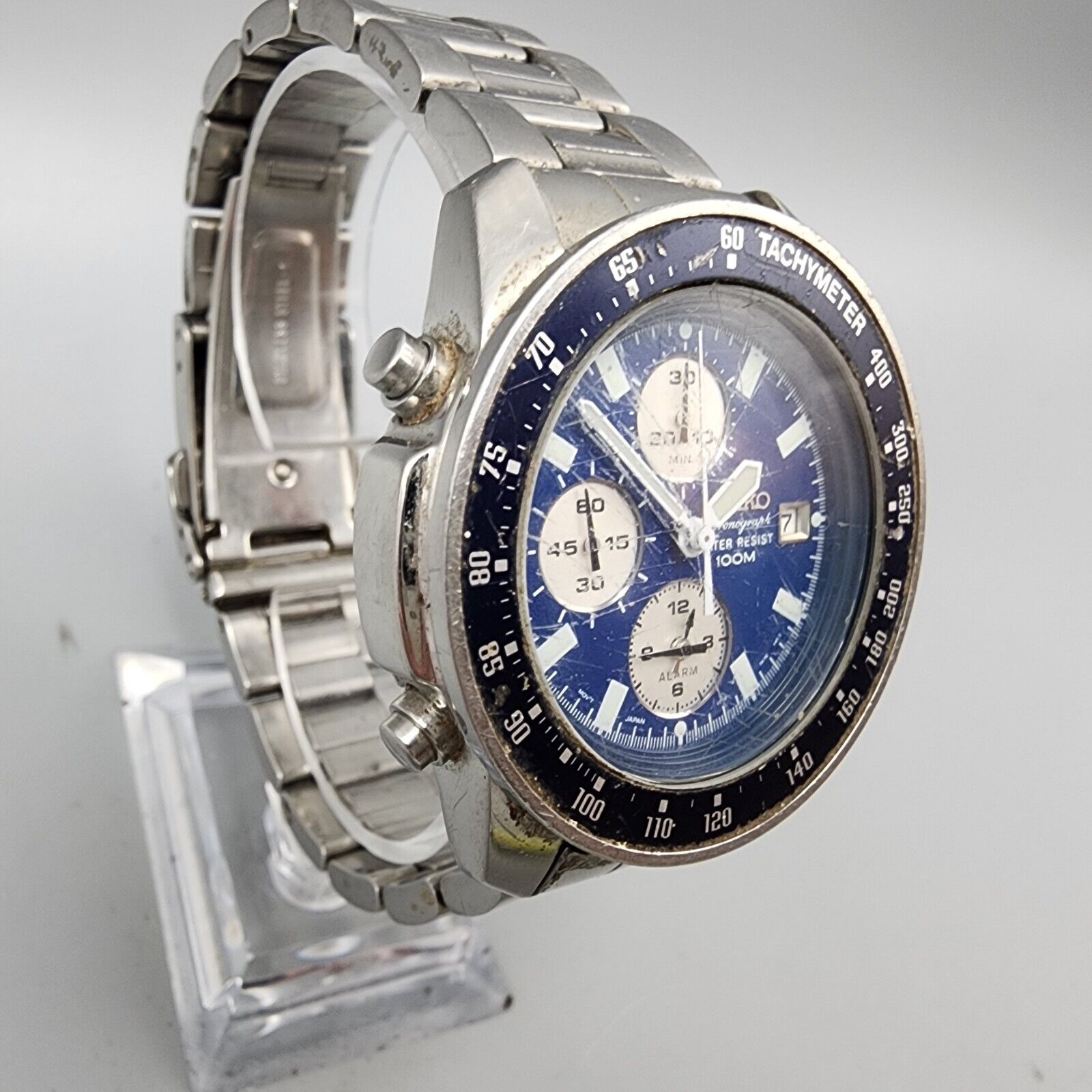 Seiko Chronograph Watch Men Silver Tone Blue Dial 100M Alarm 7T32