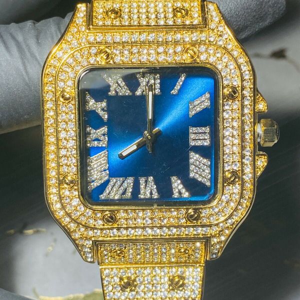 Men's Custom Gold Blue Fully Ice out Sport Bust Down Watch Stainless ...