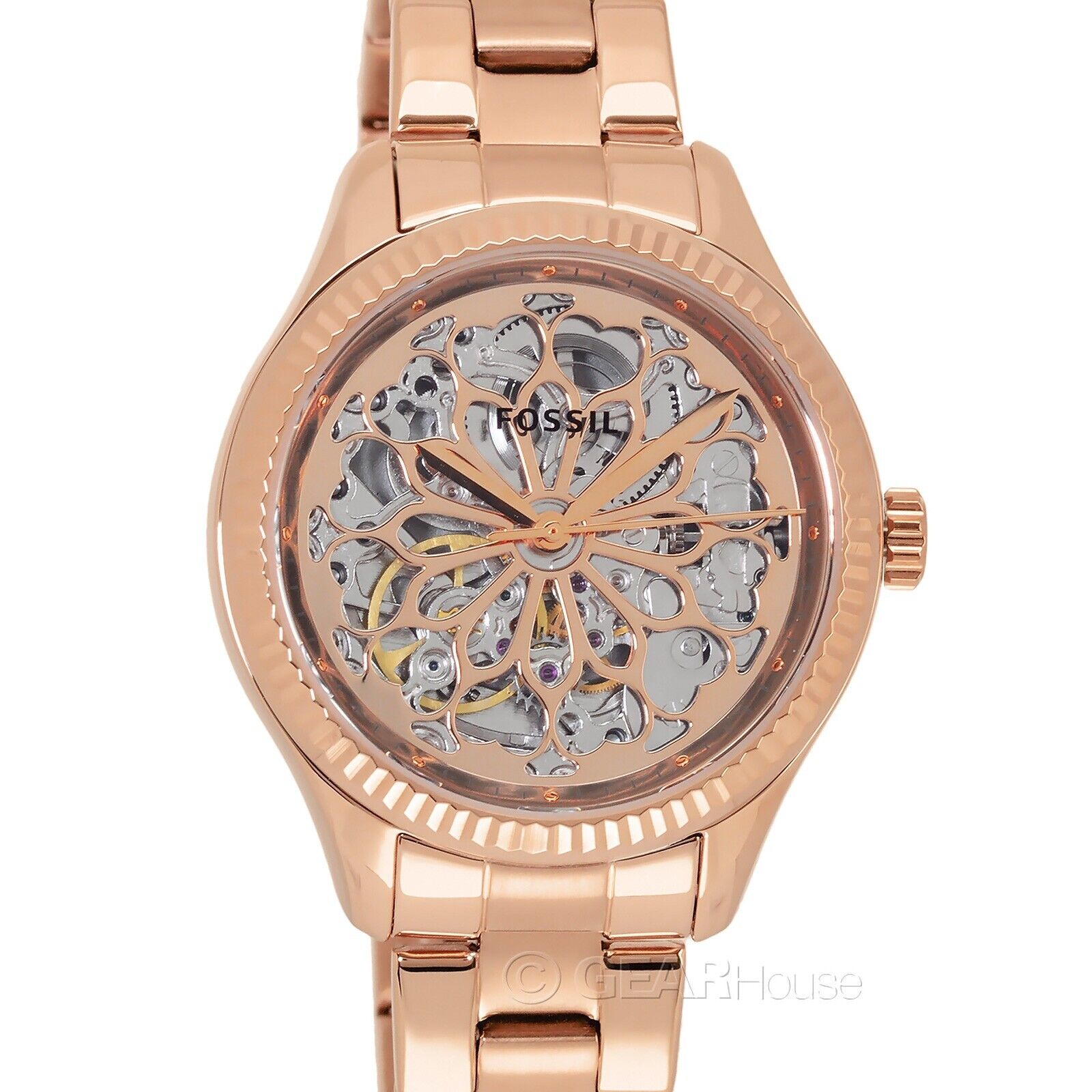 FOSSIL Rye Womens Automatic Watch Rose Gold Skeleton Dial