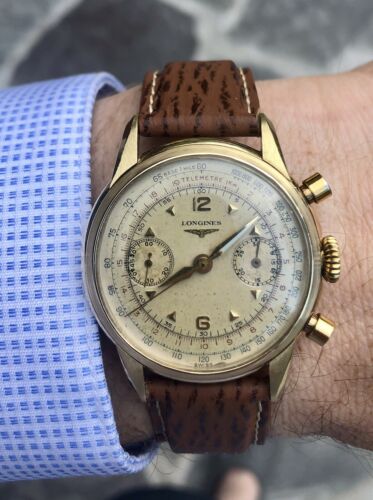 Longines 14K Gold Vintage Chronograph Watch 5965 Cal 30CH