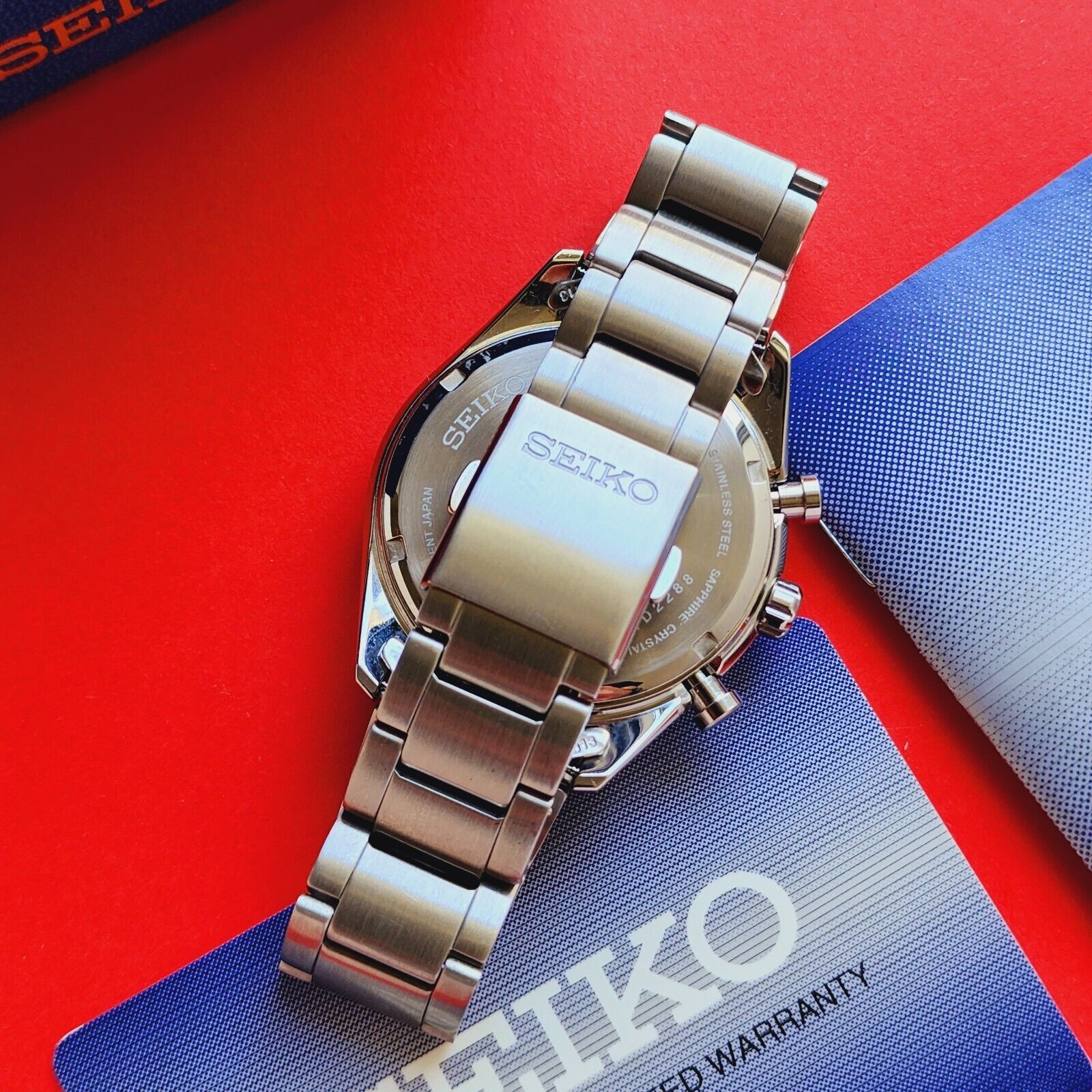 Seiko Chronograph Watch Rare Blue Solar Dial Bracelet V176-0BH0