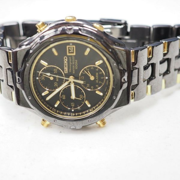 Seiko 7T32-6M69 100M WR Chronograph Watch Gold/Black Tone Steel Band ...