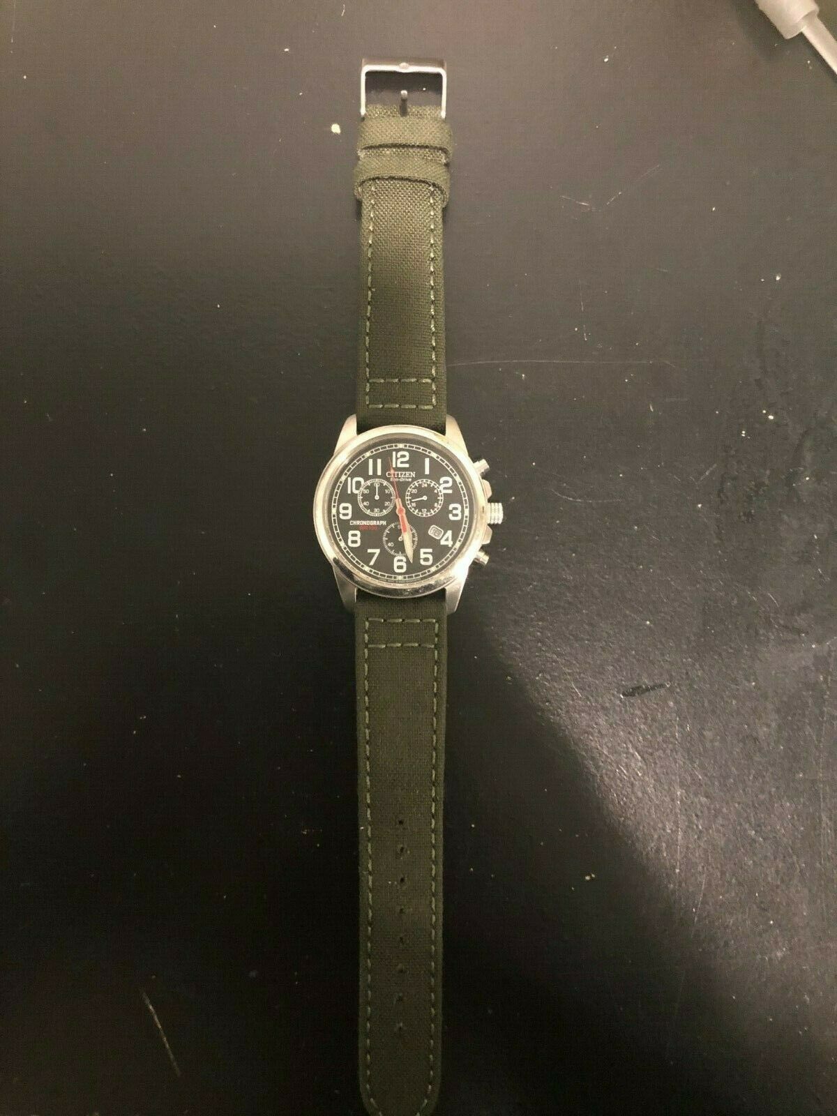 Citizen EcoDrive Men's Chronograph Green Cordura Strap 39mm Watch AT020005E WatchCharts