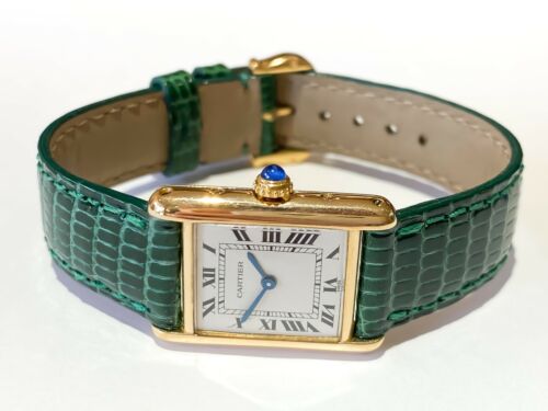 Small Louis Cartier Tank Green Leather Strap Quartz 18K Yellow