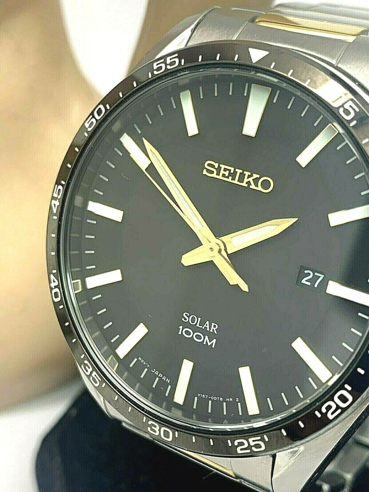 Seiko Solar Black Dial Date Two Tone V157-0CP0 Mens Watch SNE485