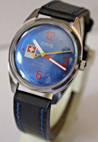 Vintage Oris Swiss Cross 17J Men s Watch Metallic Blue Dial Red