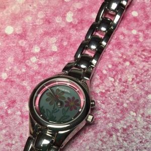 Fossil Big Tic Watch Women Silver Tone Flame Pink Broken For
