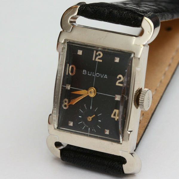 1956 vintage BULOVA 21 Jewel Mens Wristwatch w/ Black Dial & Curved Lugs WatchCharts Marketplace