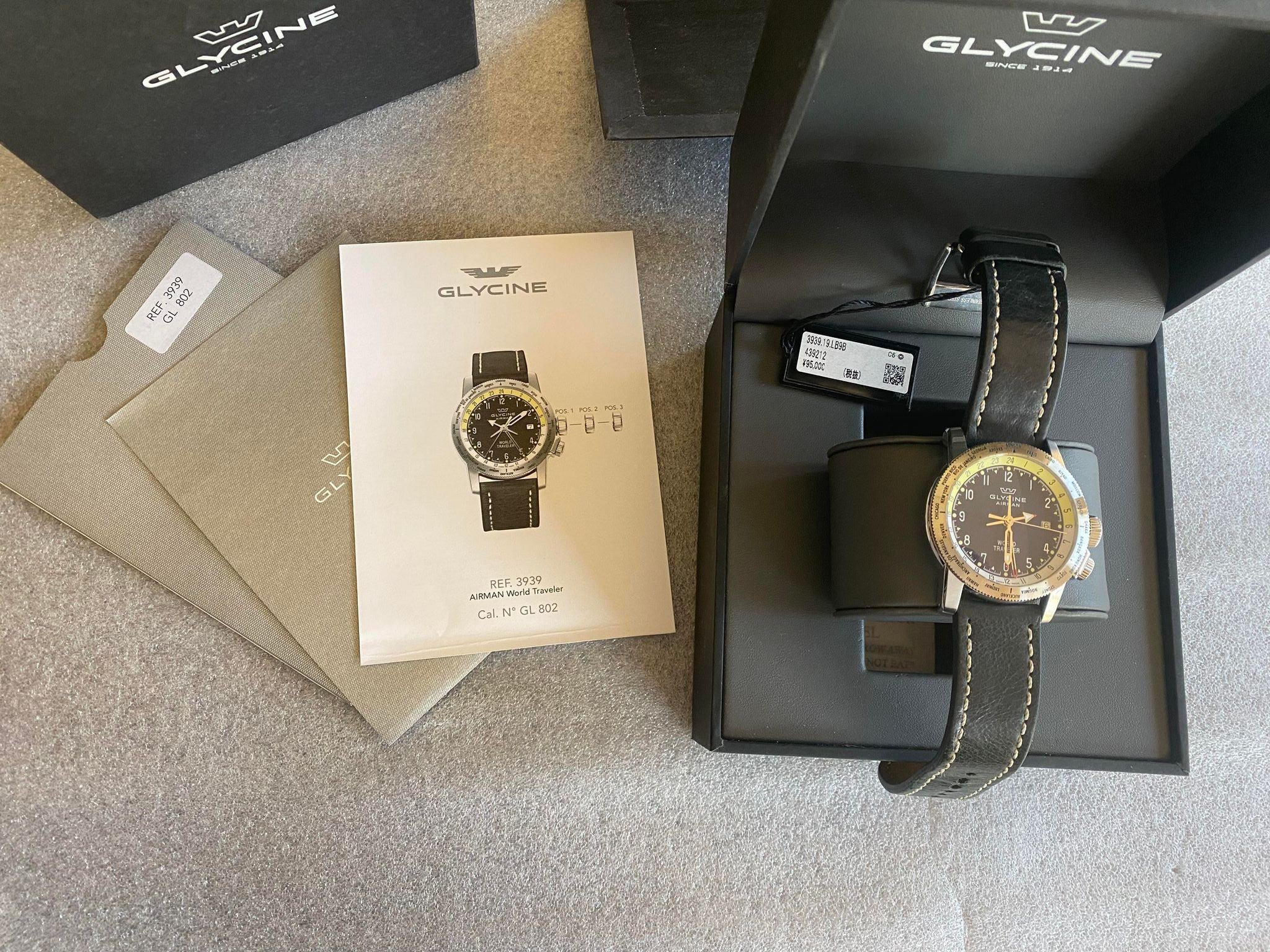 WTS Glycine Airman World Traveler Black Ref. 3939.19.LB9B