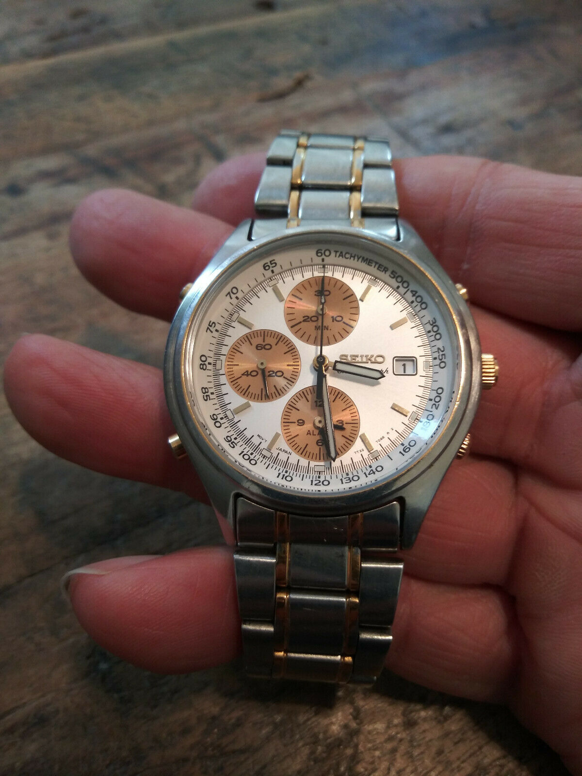 Vintage Seiko 7T32-7C60 Gold Panda Dial Alarm Chronograph Men's