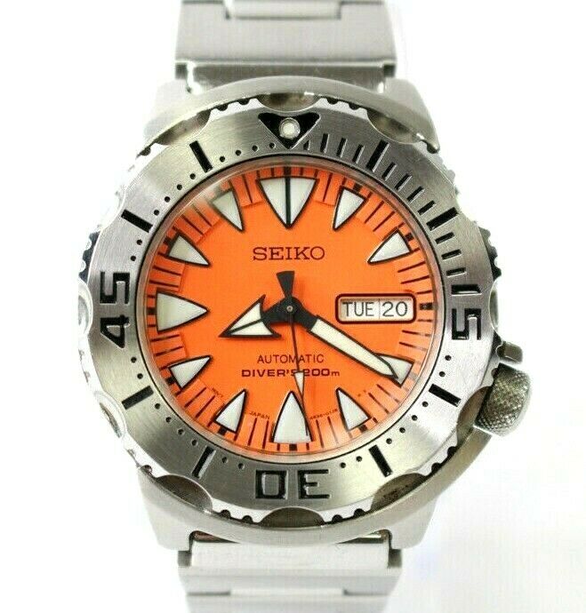 SEIKO 4R36 01J0 Monster Diver 200M Stainless Steel Orange Face Men