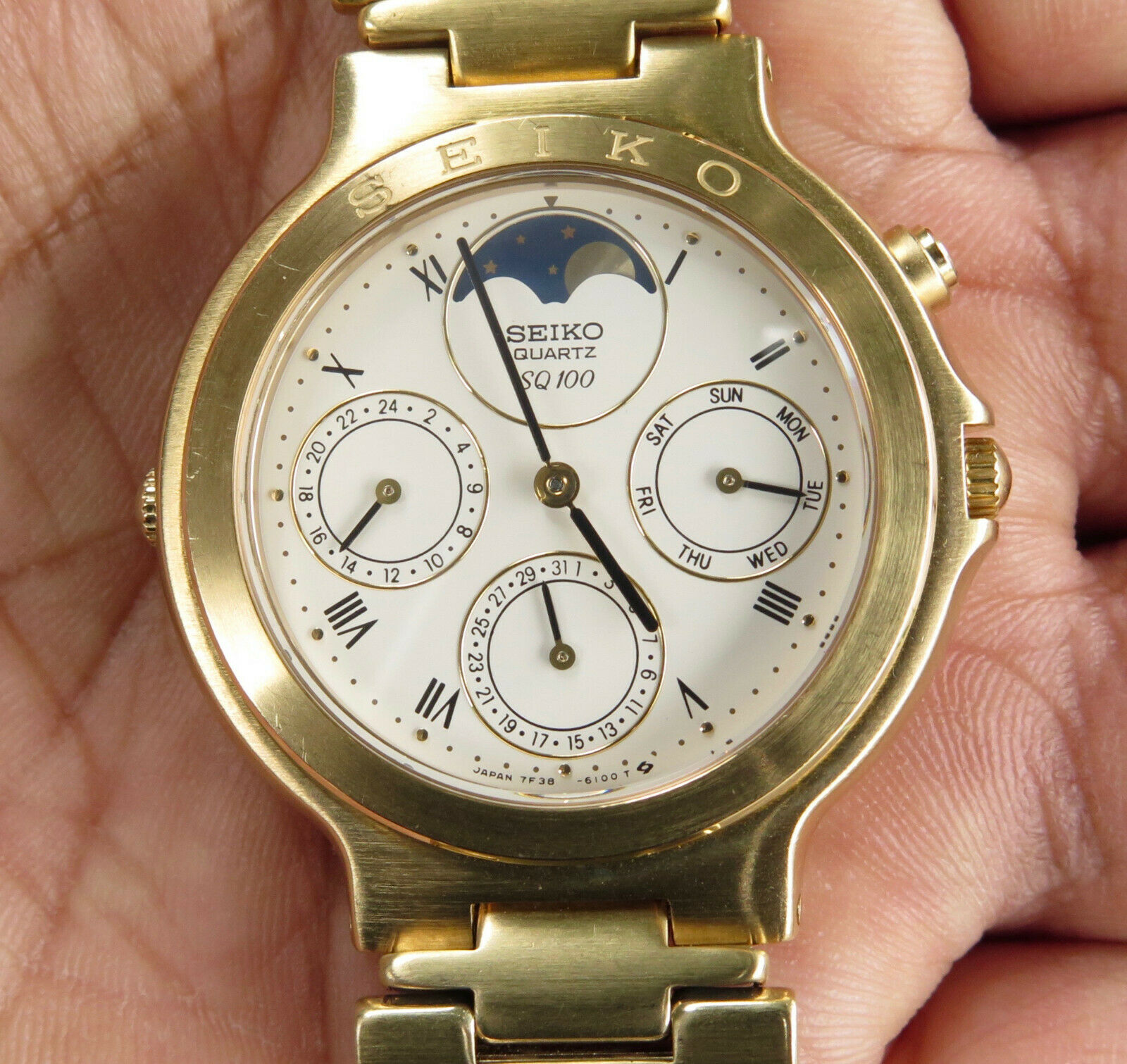 Vintage SEIKO Moon Phase 7F38-6110 SQ 100 Quartz Watch Mid Size Gold Toned  n1 | WatchCharts