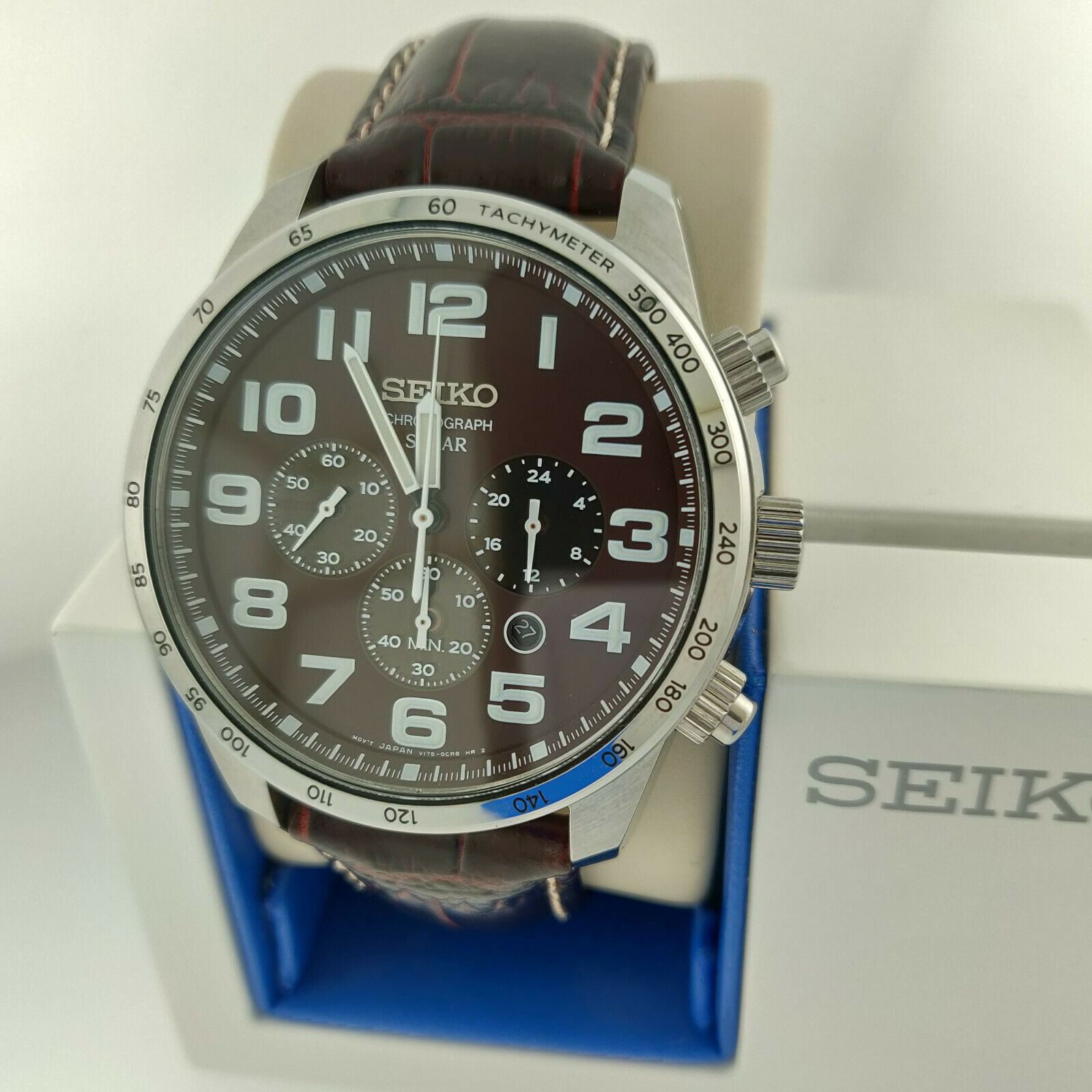 Seiko SSC227 Solar Chronograph Brown Leather Band Brown Dial Date